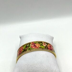 Vera Bradley Enamel English Rose Floral Hinged Gold Tone Bangle Bracelet Pink